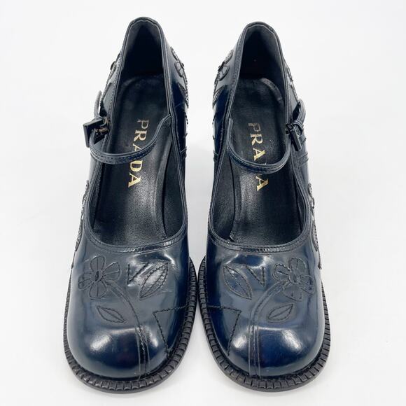 Vintage Prada 1996 Blue Leather Floral Appliqué Block Heel Mary Jane Pumps IT 39 - Picture 2 of 15